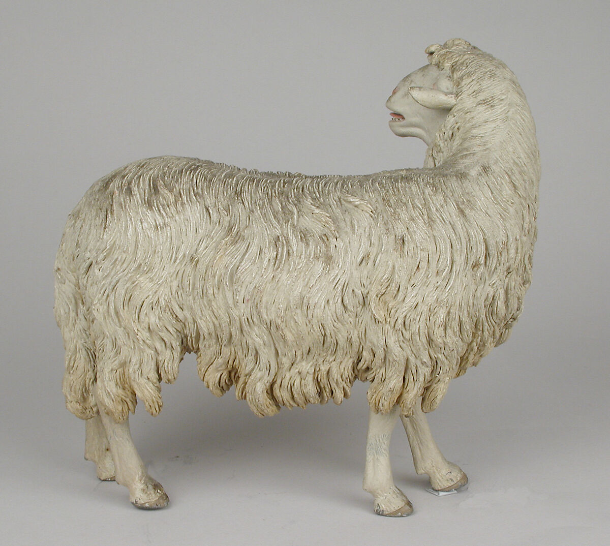 Standing sheep, Possibly by Nicola Vassalo, Polychromed terracotta body, wooden ears, lead legs, Italian, Naples