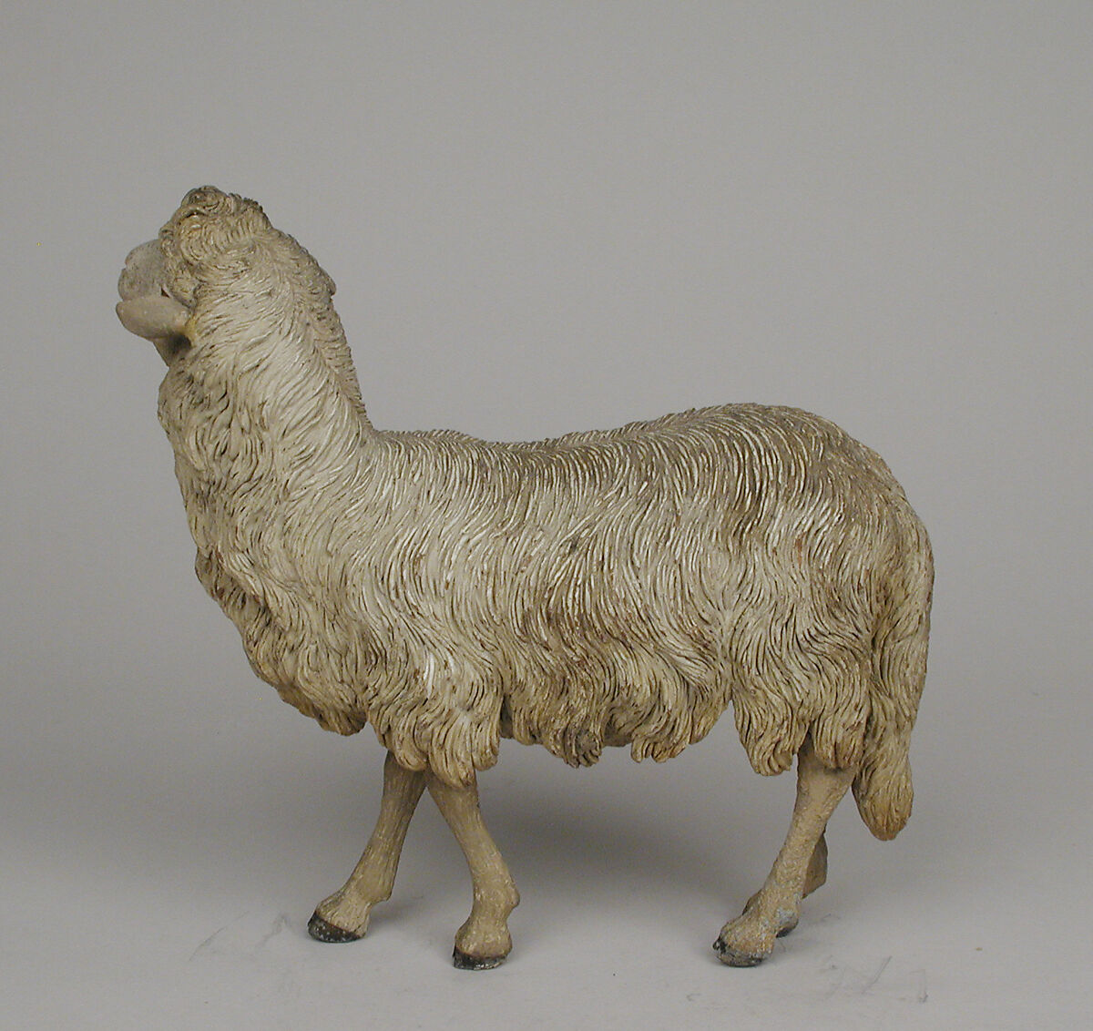 Standing sheep, Polychromed terracotta body, lead ears and legs, Italian, Naples