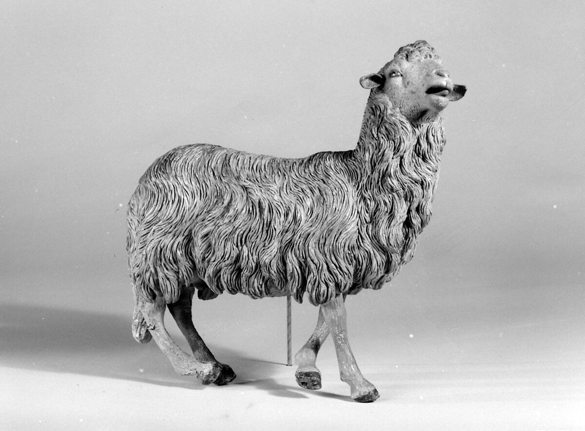 Standing sheep, Polychromed terracotta body, lead ears and legs, Italian, Naples