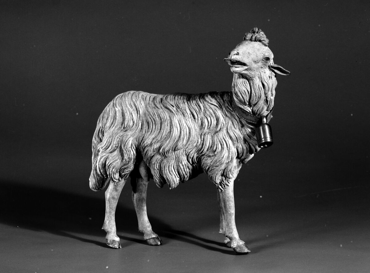 Standing sheep, Polychromed terracotta body, wooden legs, metal ears, Italian, Naples