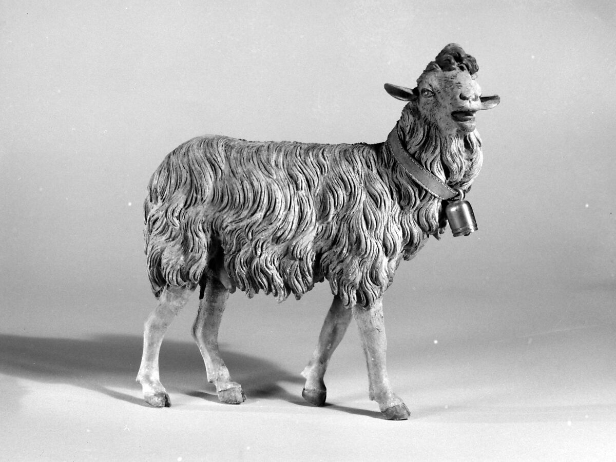 Standing sheep, Polychromed terracotta body, wooden legs, metal ears, Italian, Naples