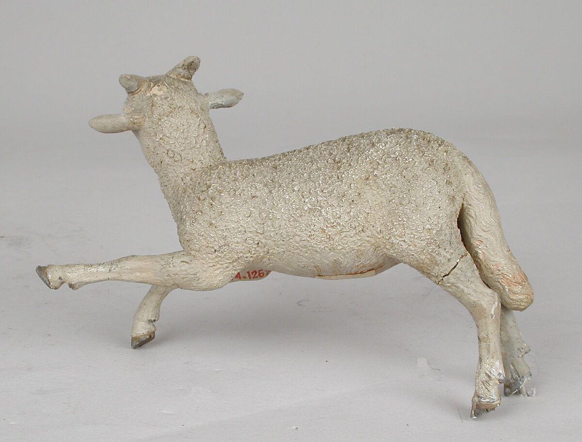 Lamb, Polychromed terracotta body, lead legs and ears, wooden base and tree, Italian, Naples