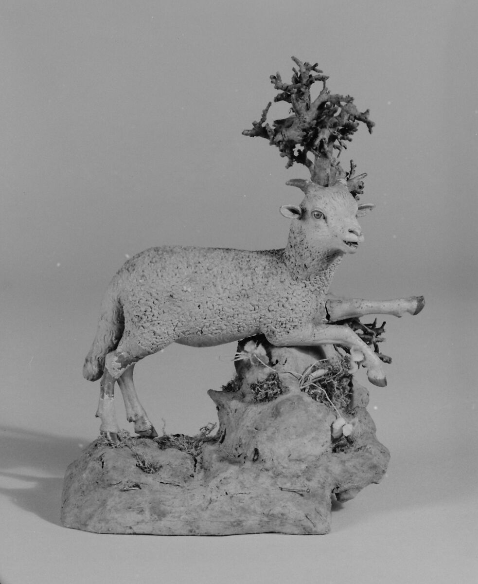Lamb, Polychromed terracotta body, lead legs and ears, wooden base and tree, Italian, Naples