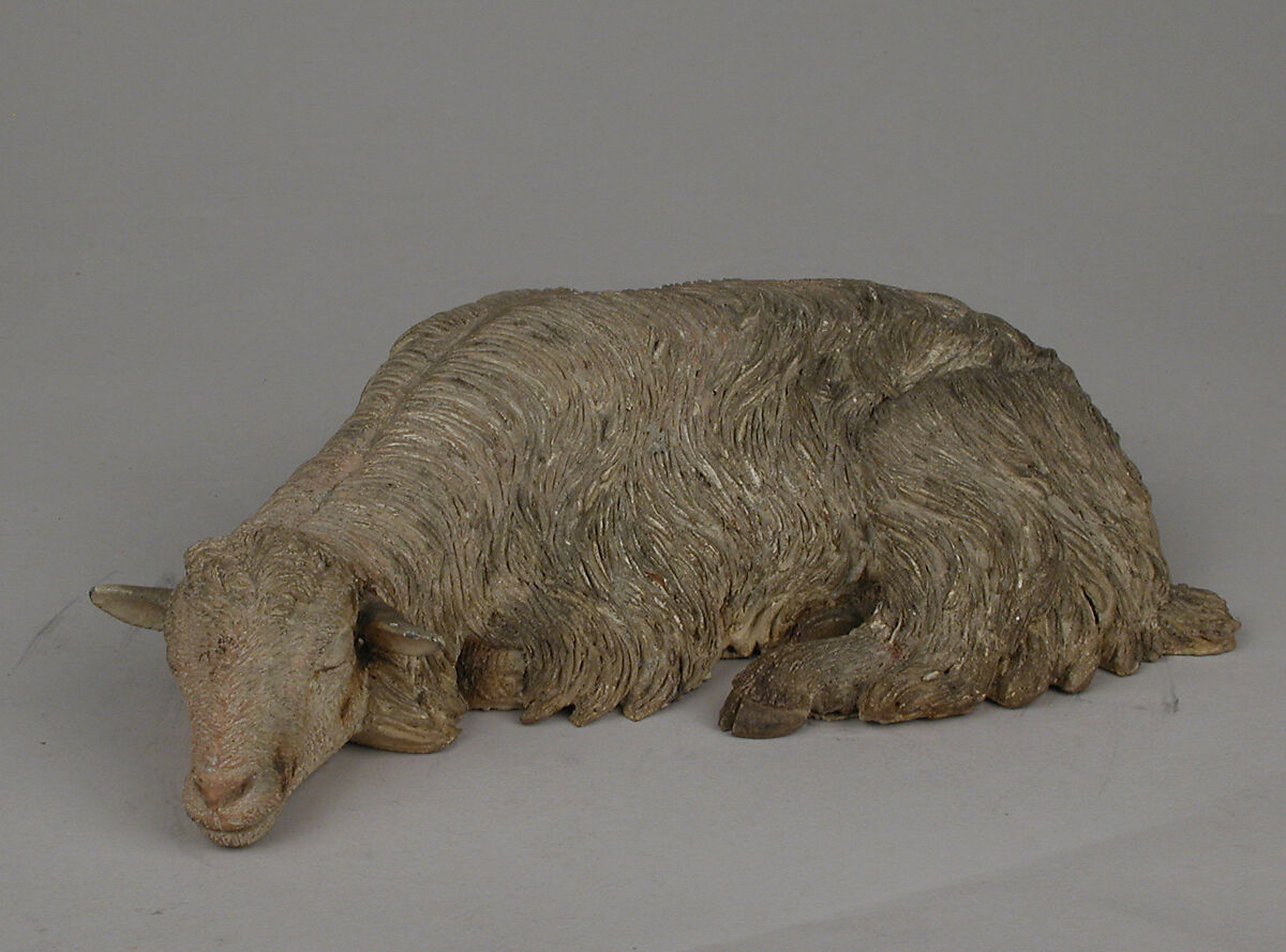 Sleeping sheep, Francesco Gallo, Polychromed terracotta, metal ears, Italian, Naples 