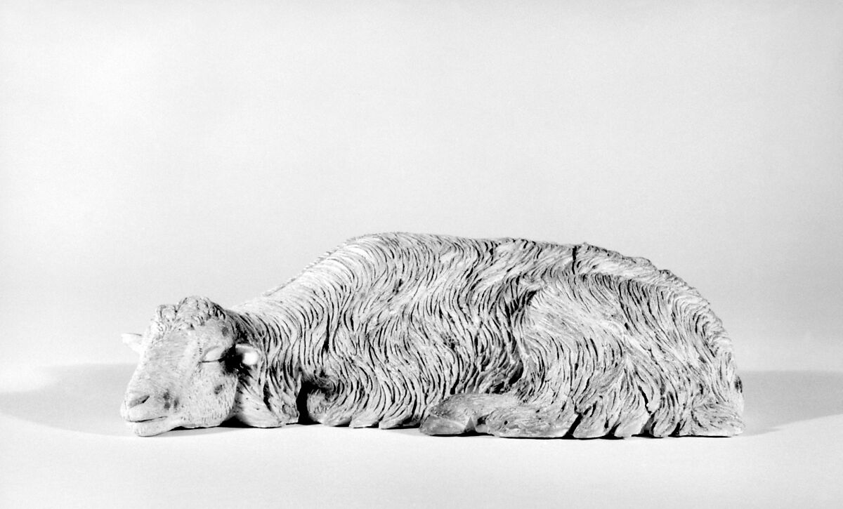 Sleeping sheep, Francesco Gallo, Polychromed terracotta, metal ears, Italian, Naples