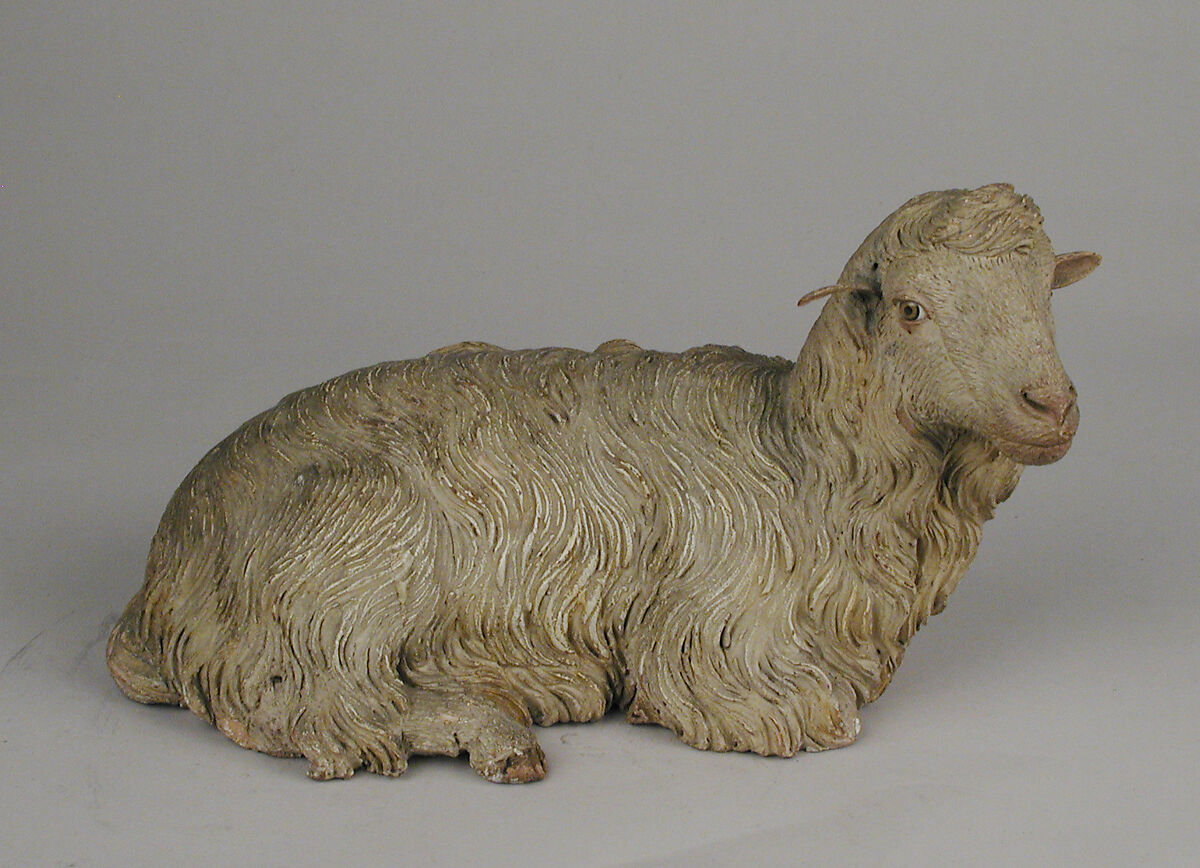Seated sheep, Nicola Vassalo, Polychromed terracotta body, wooden ears, Italian, Naples