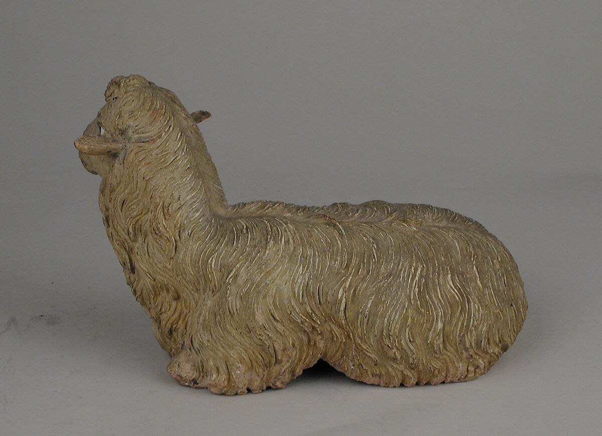 Seated sheep, Possibly by Nicola Vassalo, Polychromed terracotta body, wooden ears, Italian, Naples