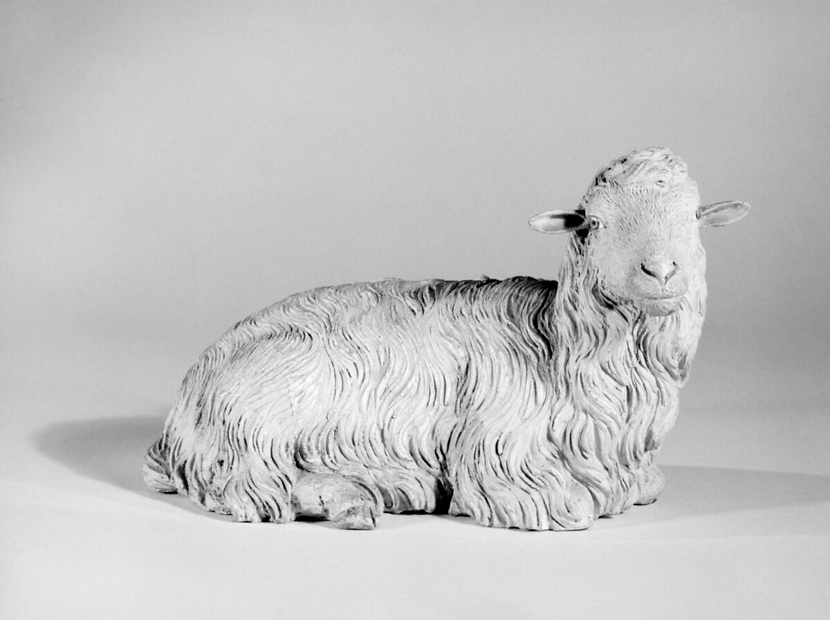 Seated sheep, Possibly by Nicola Vassalo, Polychromed terracotta body, wooden ears, Italian, Naples