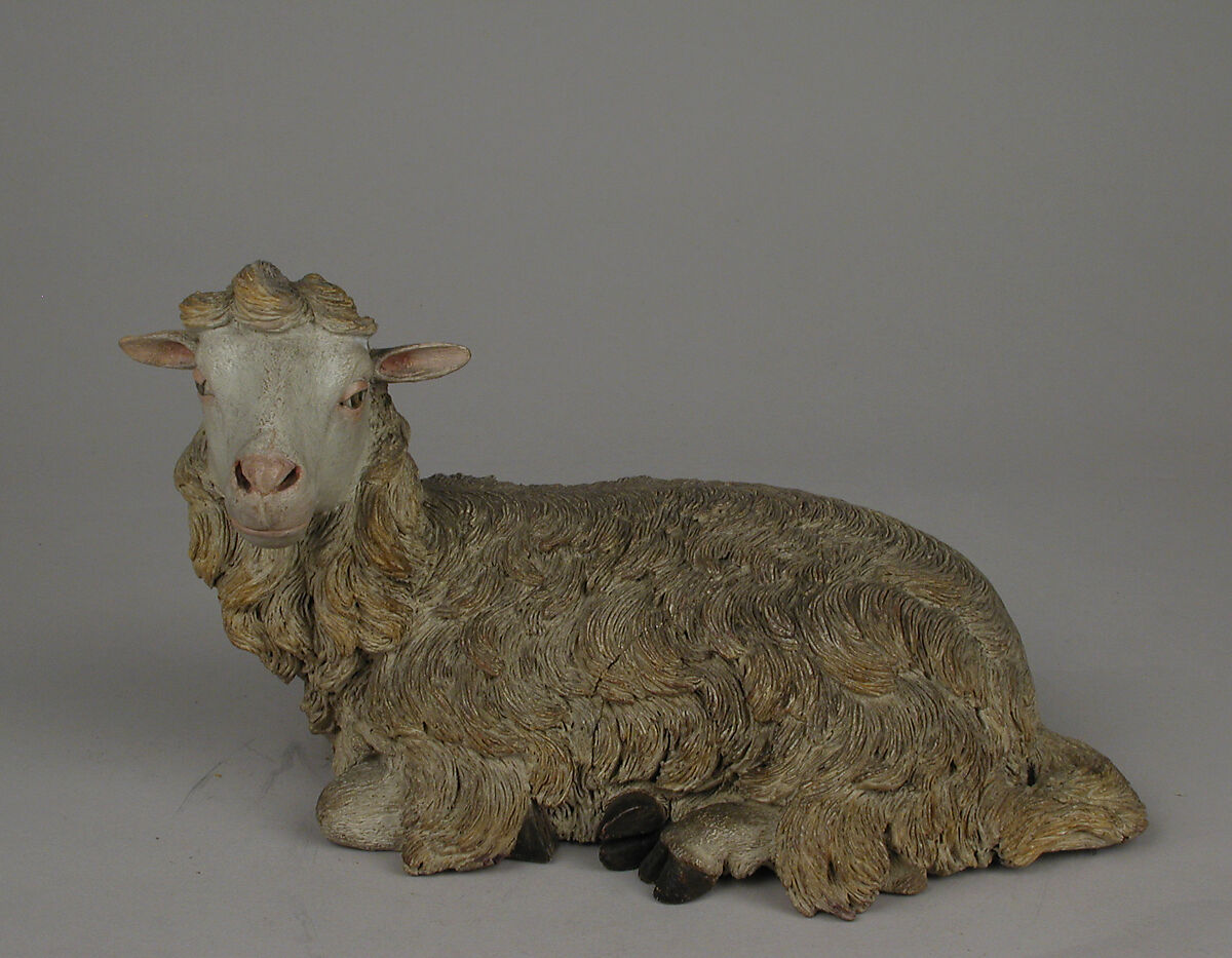 Seated sheep, Polychromed terracotta body and wooden ears, Italian, Naples 