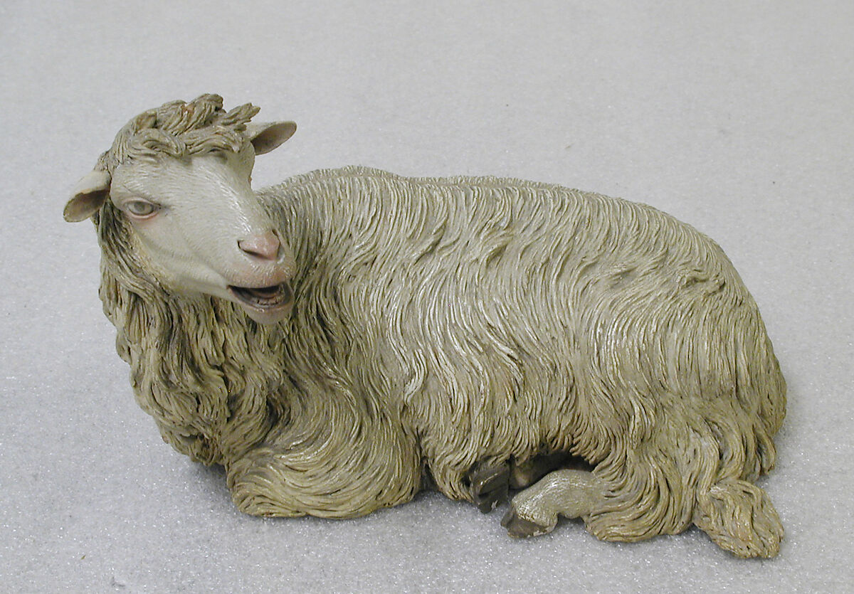 Seated sheep, Possibly by Nicola Vassalo, Polychromed terracotta body and wooden ears, Italian, Naples