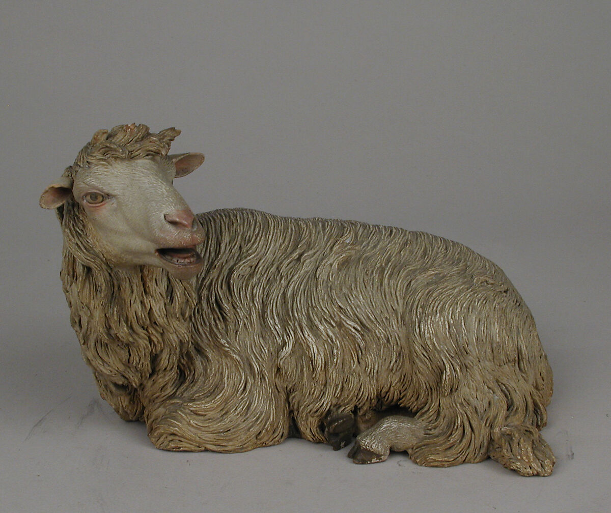 Seated sheep, Possibly by Nicola Vassalo, Polychromed terracotta body and wooden ears, Italian, Naples 