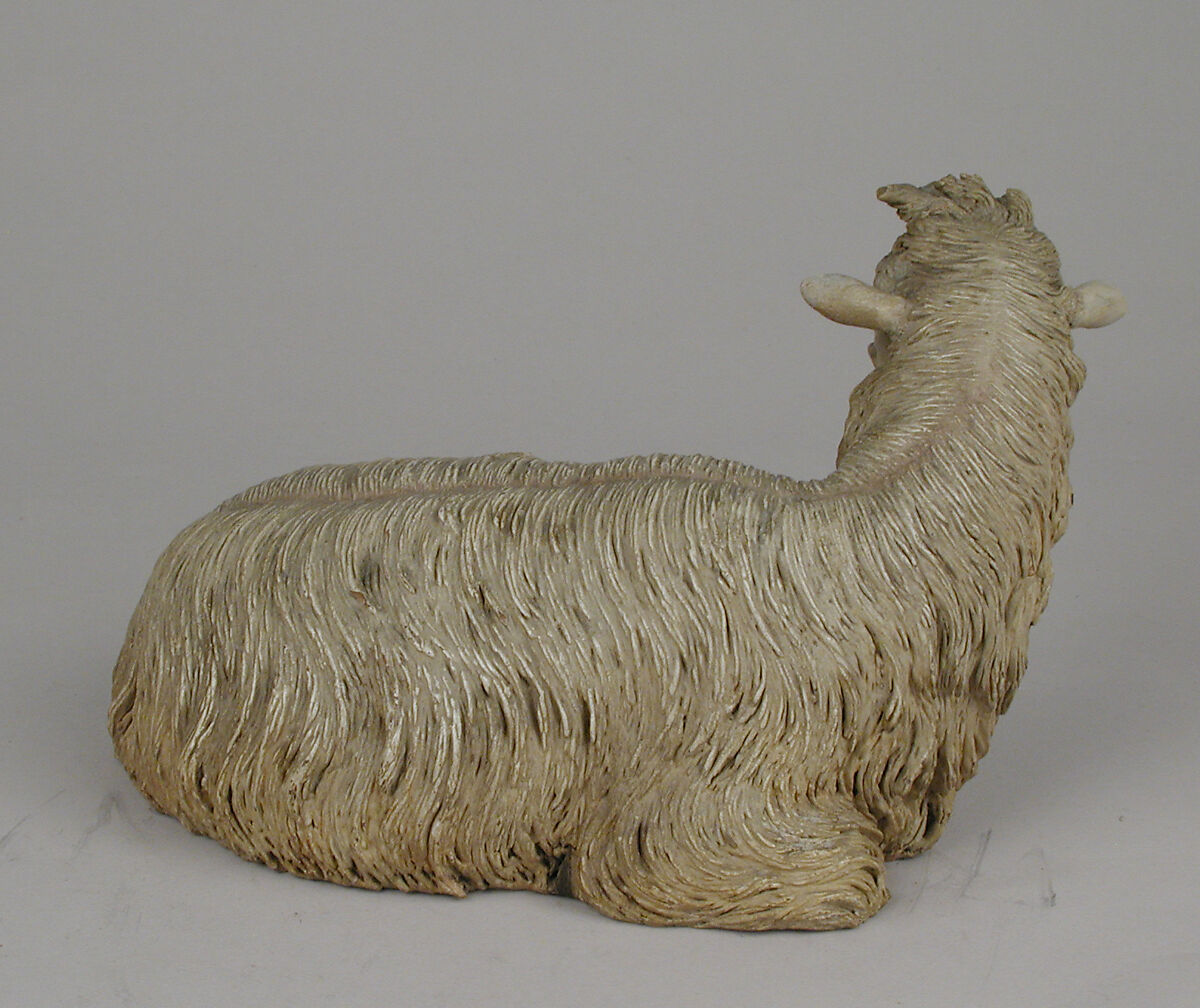 Seated sheep, Possibly by Nicola Vassalo, Polychromed terracotta body and wooden ears, Italian, Naples
