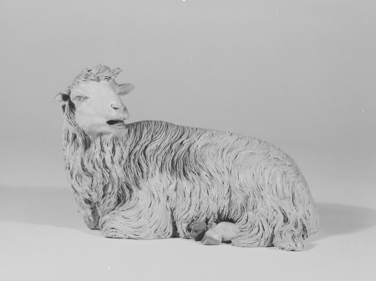 Seated sheep, Possibly by Nicola Vassalo, Polychromed terracotta body and wooden ears, Italian, Naples