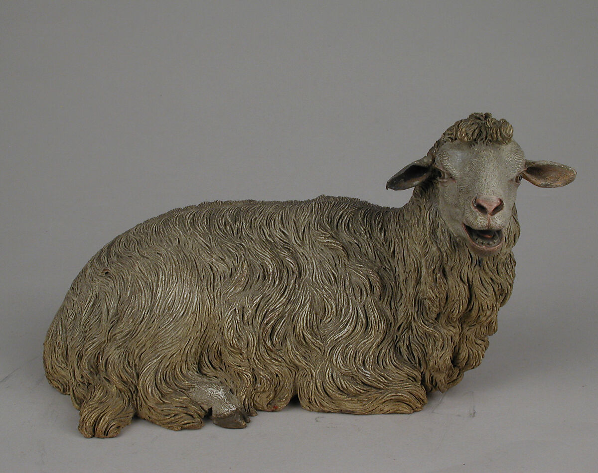 Seated sheep, Francesco Gallo, Polychromed terracotta body and metal ears, Italian, Naples 