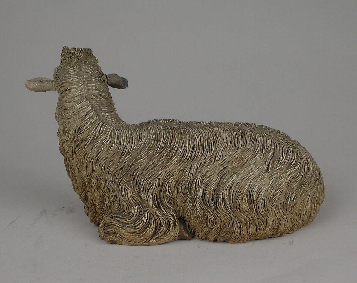 Seated sheep, Francesco Gallo, Polychromed terracotta body and metal ears, Italian, Naples
