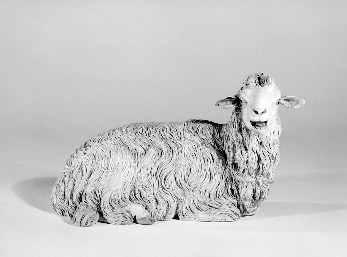 Seated sheep, Francesco Gallo, Polychromed terracotta body and metal ears, Italian, Naples