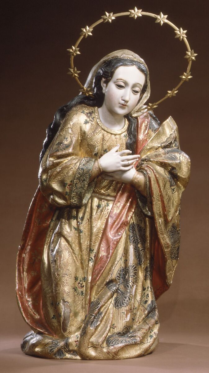Mary (from a nativity), Polychrome wood, gilt silver, glass, Guatemalan 