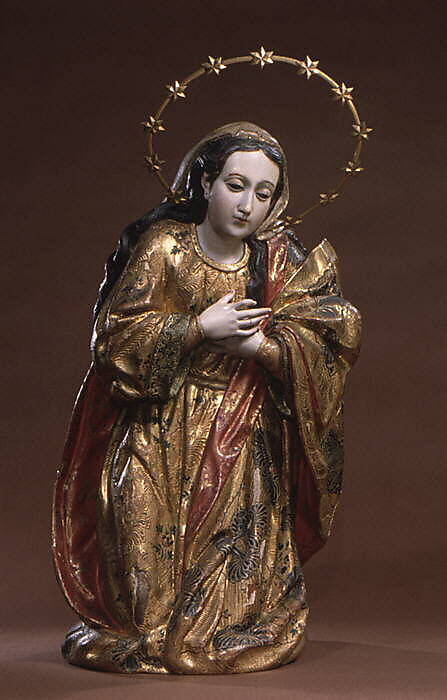 Mary (from a nativity), Polychrome wood, gilt silver, glass, Guatemalan