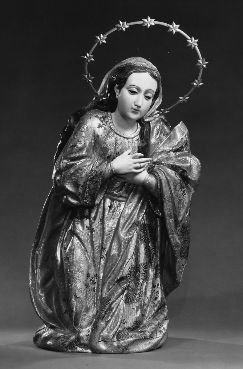 Mary (from a nativity), Polychrome wood, gilt silver, glass, Guatemalan
