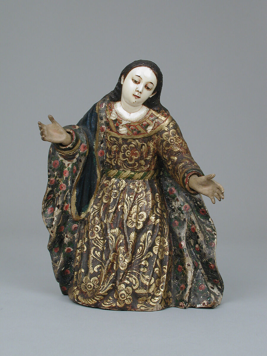 Mary (from a nativity), Wood, polychromed and gilded; ivory touched up with polychromy (face and shoulders), Ecuadorian and Philippine