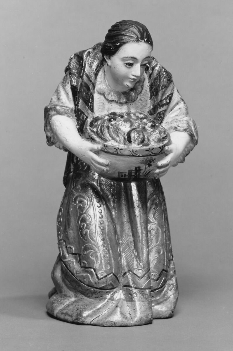 Kneeling woman with a bowl (from a nativity), Wood, polychromed and gilded, Guatemalan