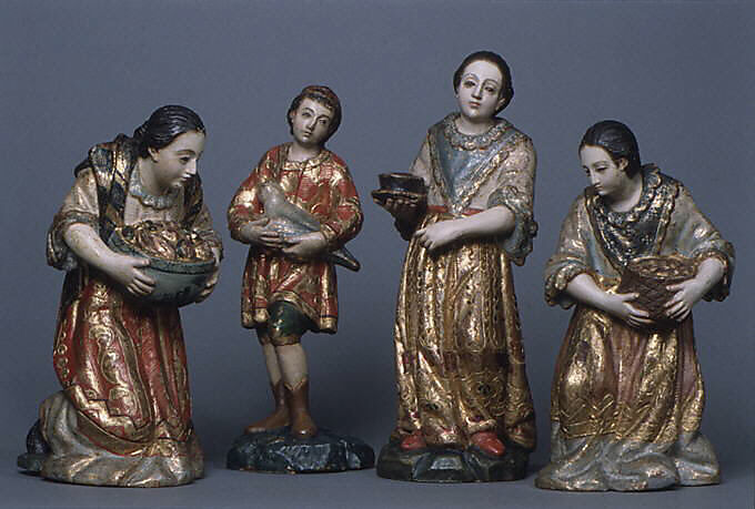 Standing woman with a bowl on a plate from a nativity, Wood, polychromed and gilded, Guatemalan