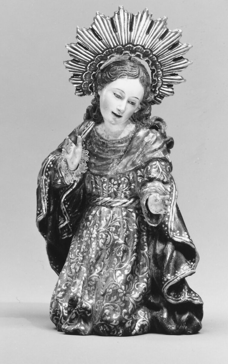 Mary (from a nativity), Wood, polychromed and gilded; glass eyes; metal halo, Ecuadoran