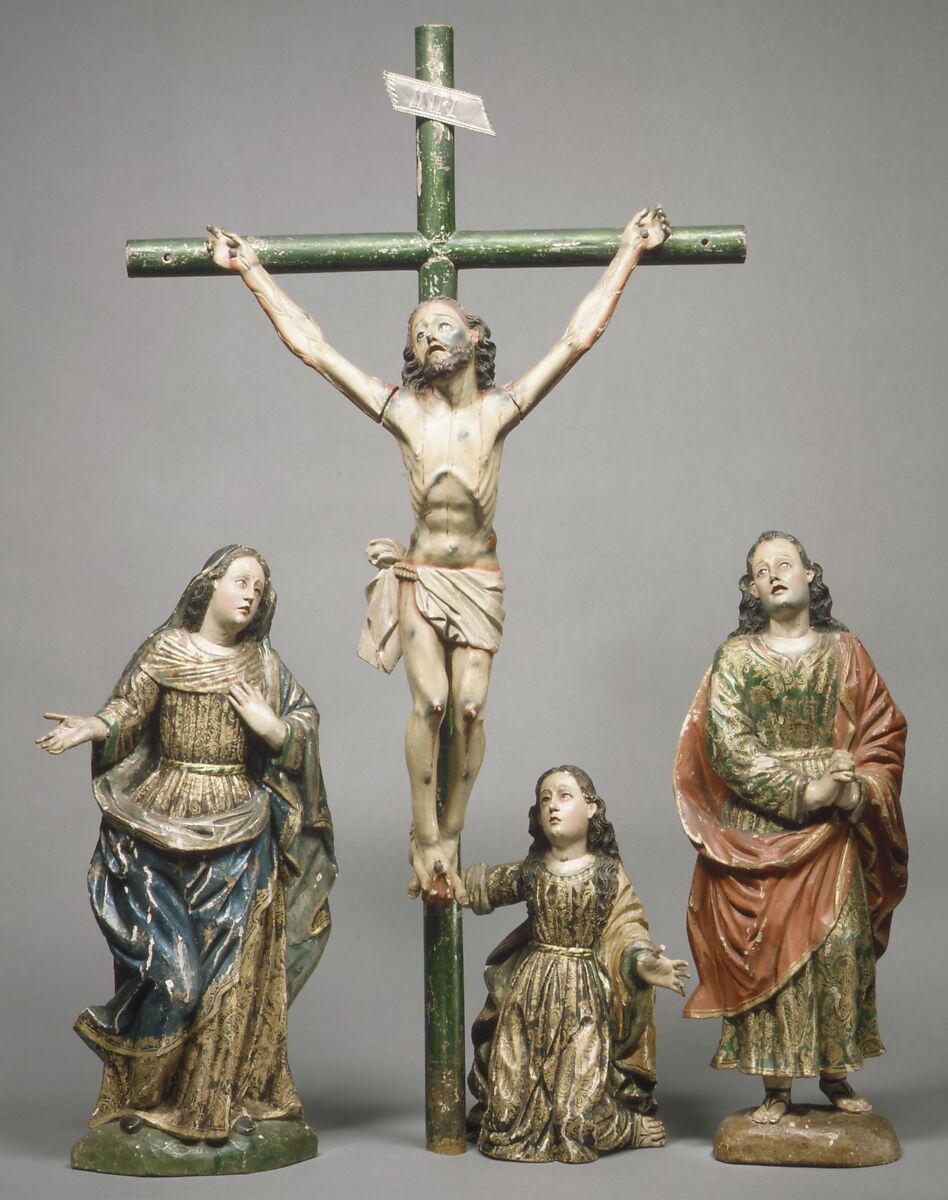 Christ crucified (from a Calvary group), Wood, polychromed and gilded; glass; silver, Ecuadorian 