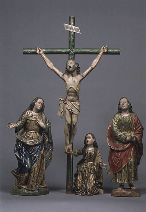 Christ crucified (from a Calvary group), Wood, polychromed and gilded; glass; silver, Ecuadorian