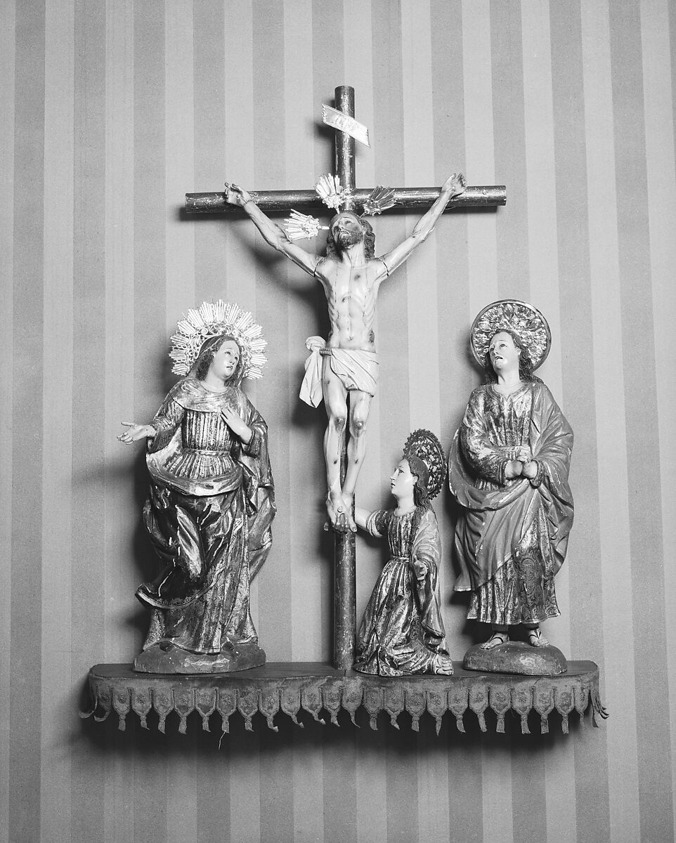 Christ crucified (from a Calvary group), Wood, polychromed and gilded; glass; silver, Ecuadorian