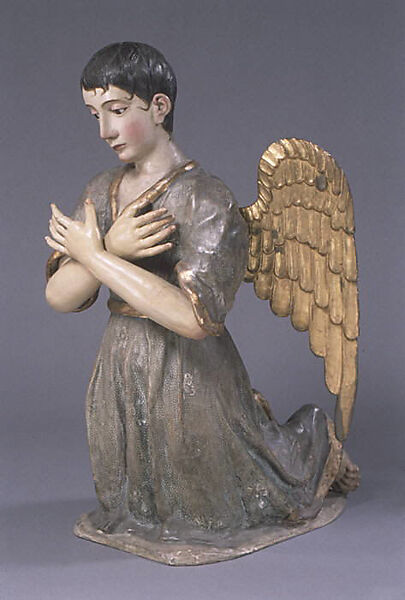 Kneeling angel (one of pair), Polychromed and gilded wood, stiffened polychromed cloth; hair and glass, Guatemalan 