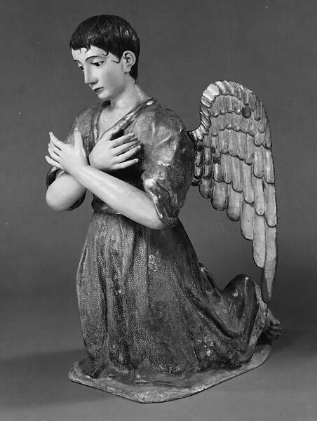 Kneeling angel (one of pair), Polychromed and gilded wood, stiffened polychromed cloth; hair and glass, Guatemalan