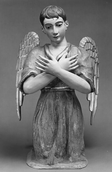 Kneeling angel (one of pair), Polychromed and gilded wood, stiffened polychromed cloth; hair and glass, Guatemalan