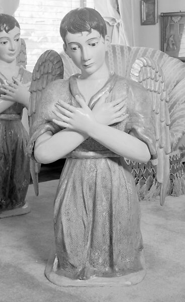 Kneeling angel (one of pair), Polychromed and gilded wood, stiffened polychromed cloth; hair and glass, Guatemalan
