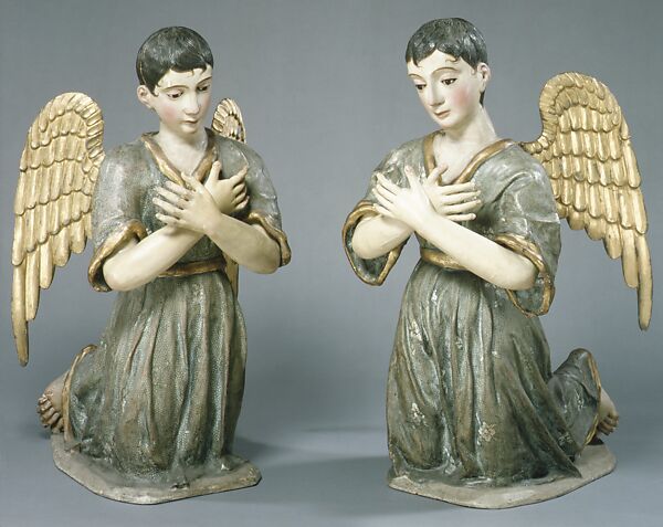 Kneeling angel (one of pair), Polychromed and gilded wood, stiffened polychromed cloth; hair and glass., Guatemalan