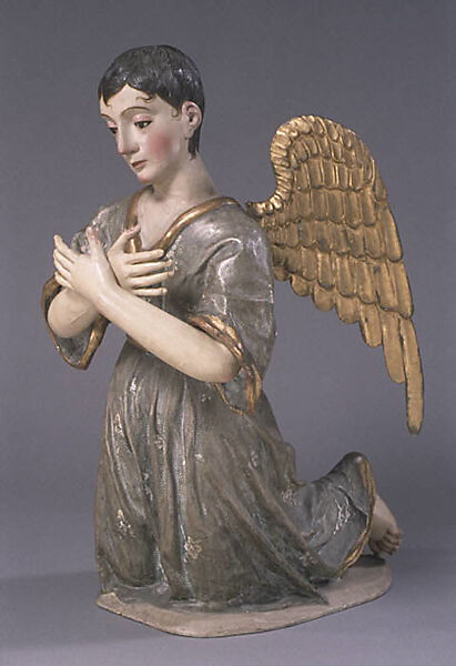 Kneeling angel (one of pair), Polychromed and gilded wood, stiffened polychromed cloth; hair and glass., Guatemalan 