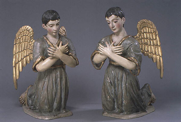 Kneeling angel (one of pair), Polychromed and gilded wood, stiffened polychromed cloth; hair and glass., Guatemalan
