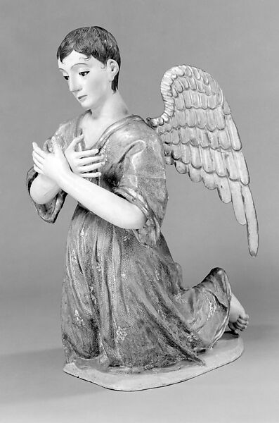Kneeling angel (one of pair), Polychromed and gilded wood, stiffened polychromed cloth; hair and glass., Guatemalan