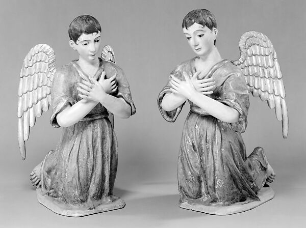 Kneeling angel (one of pair), Polychromed and gilded wood, stiffened polychromed cloth; hair and glass., Guatemalan