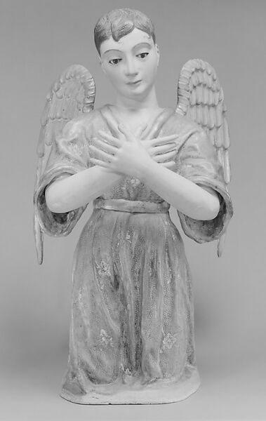 Kneeling angel (one of pair), Polychromed and gilded wood, stiffened polychromed cloth; hair and glass., Guatemalan