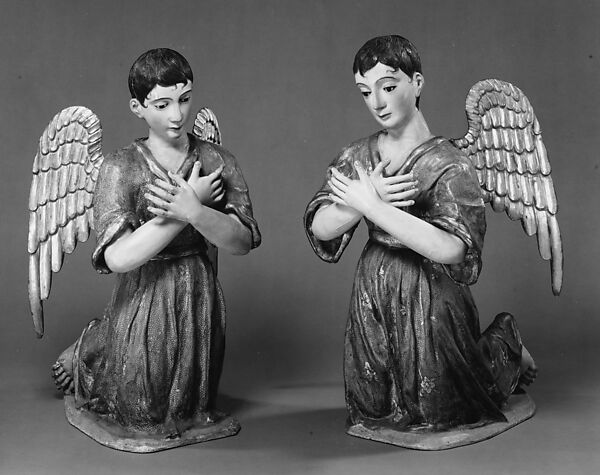 Kneeling angel (one of pair), Polychromed and gilded wood, stiffened polychromed cloth; hair and glass., Guatemalan
