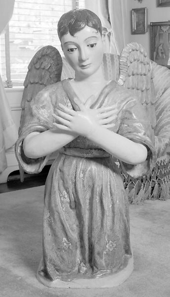 Kneeling angel (one of pair), Polychromed and gilded wood, stiffened polychromed cloth; hair and glass., Guatemalan