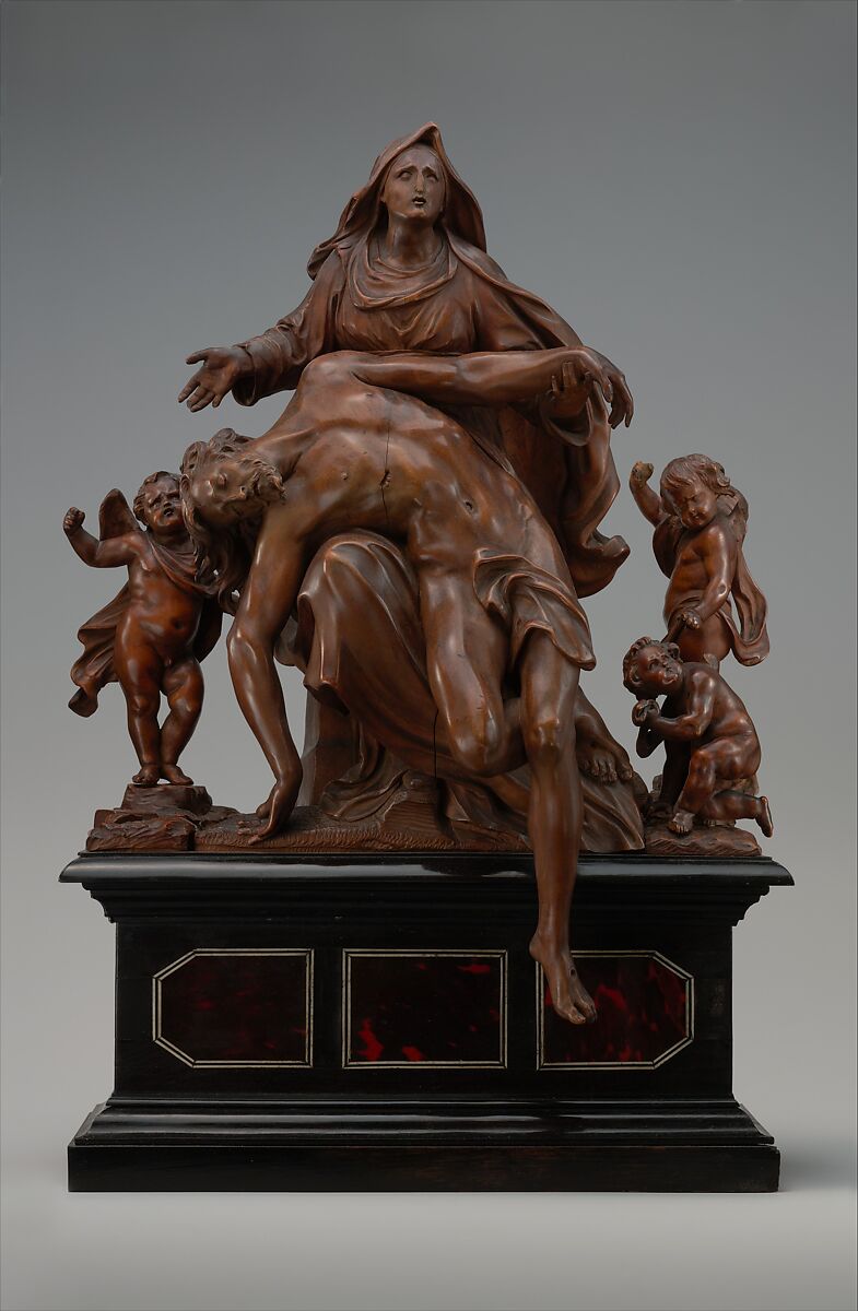 Pietà with Sorrowing Angels, Workshop of Mattheus van Beveren (Flemish, Antwerp ca. 1630–1690 Brussels), Boxwood; base: wood, ebony, tortoiseshell and ivory or bone, Flemish 