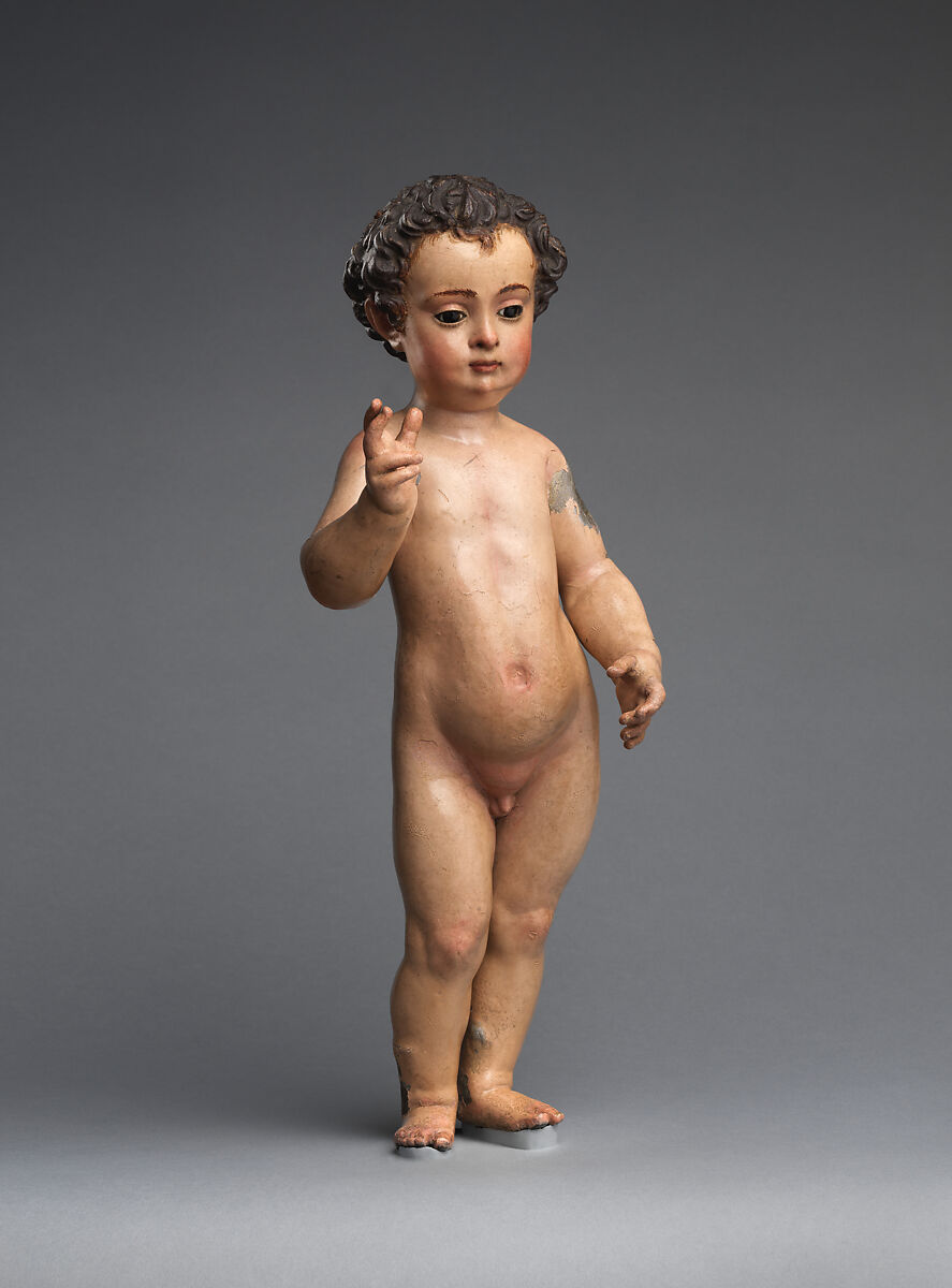 The Child Jesus Triumphant, Juan de Mesa (Spanish (Andalusian), Cordova 1583–1627 Seville), Polychromed lead, glass, silver, silk and silver-gilt lace, Spanish, Seville