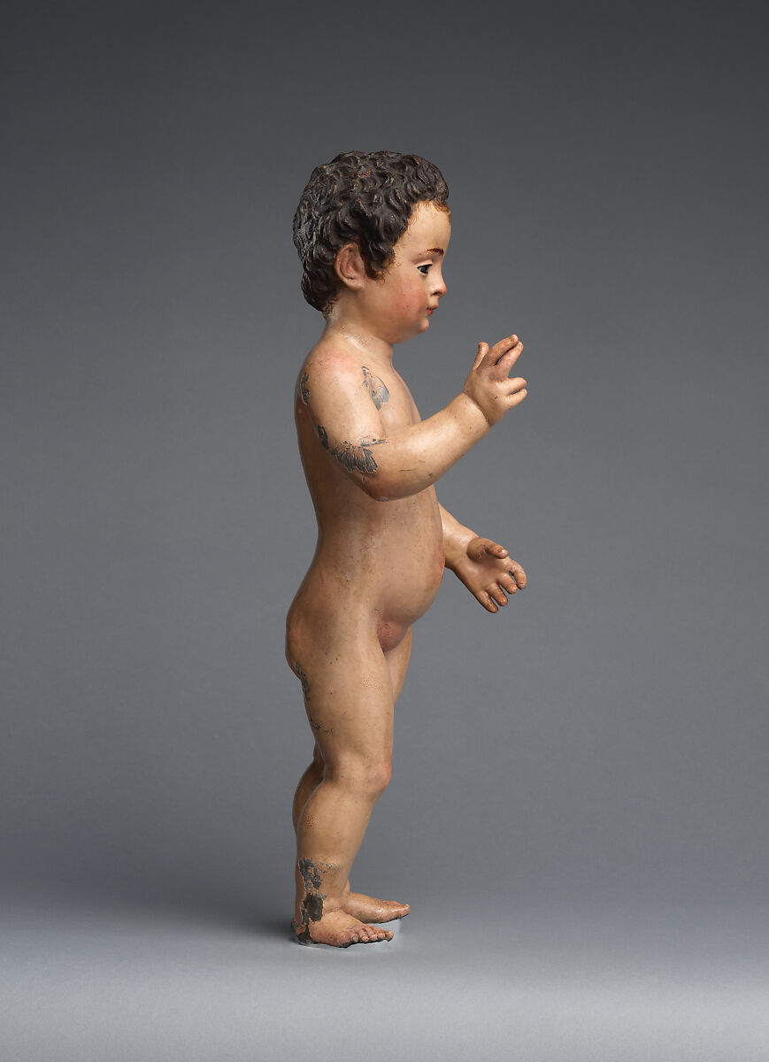 The Child Jesus Triumphant, Juan de Mesa (Spanish (Andalusian), Cordova 1583–1627 Seville), Polychromed lead, glass, silver, silk and silver-gilt lace, Spanish, Seville