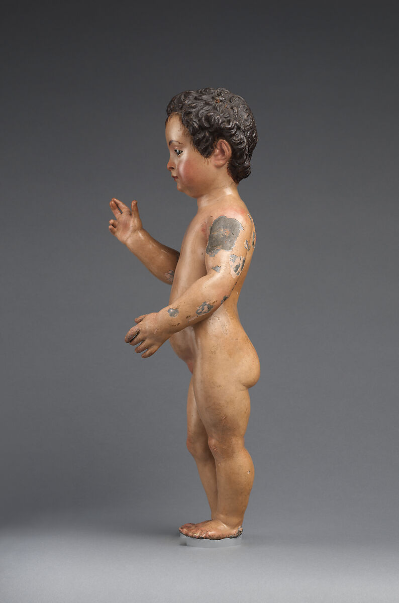 The Child Jesus Triumphant, Juan de Mesa (Spanish (Andalusian), Cordova 1583–1627 Seville), Polychromed lead, glass, silver, silk and silver-gilt lace, Spanish, Seville