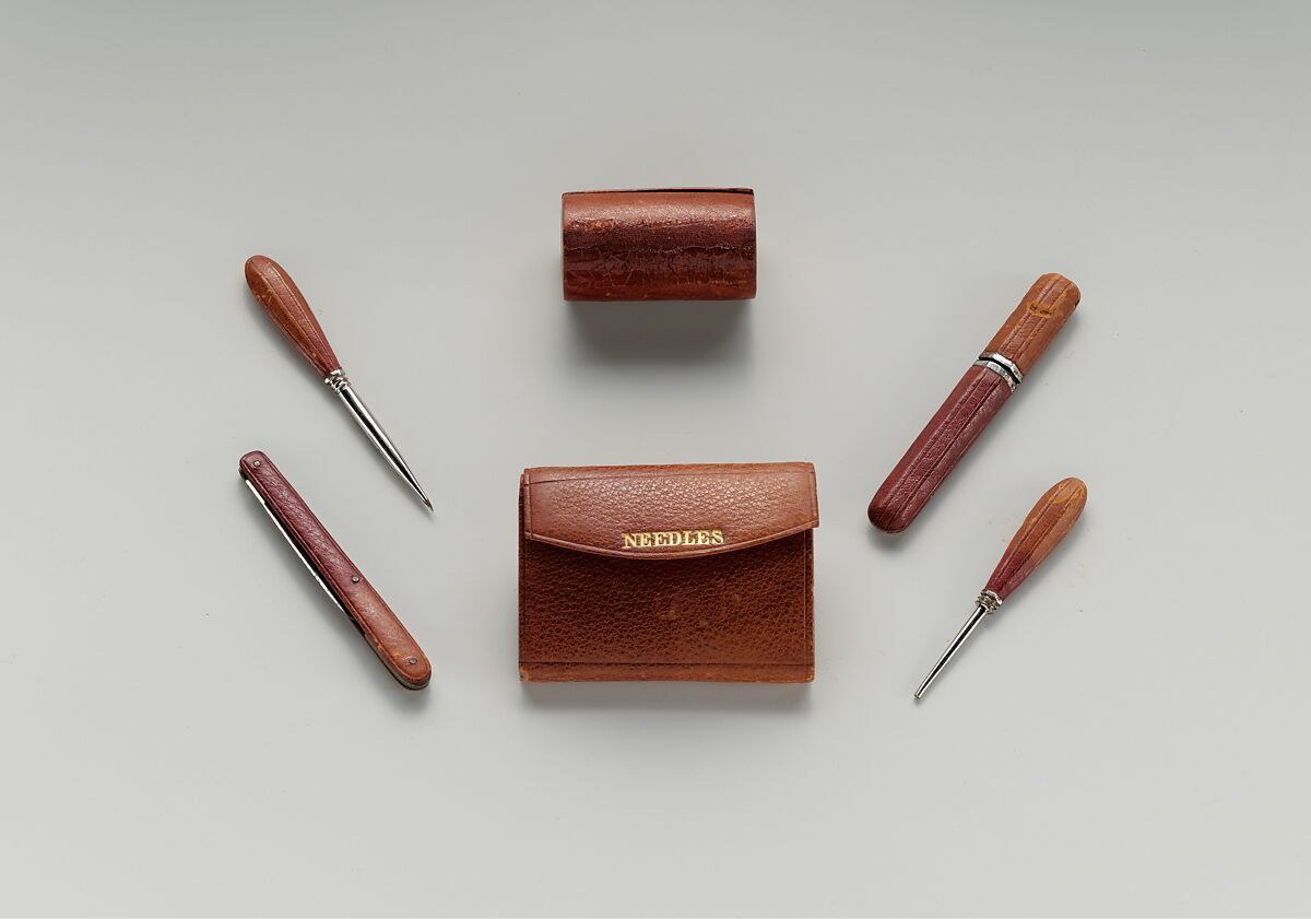 Sewing Kit, Leather, velvet, other fabrics,glass, paper, wood, brass, ivory, steel, silk, American