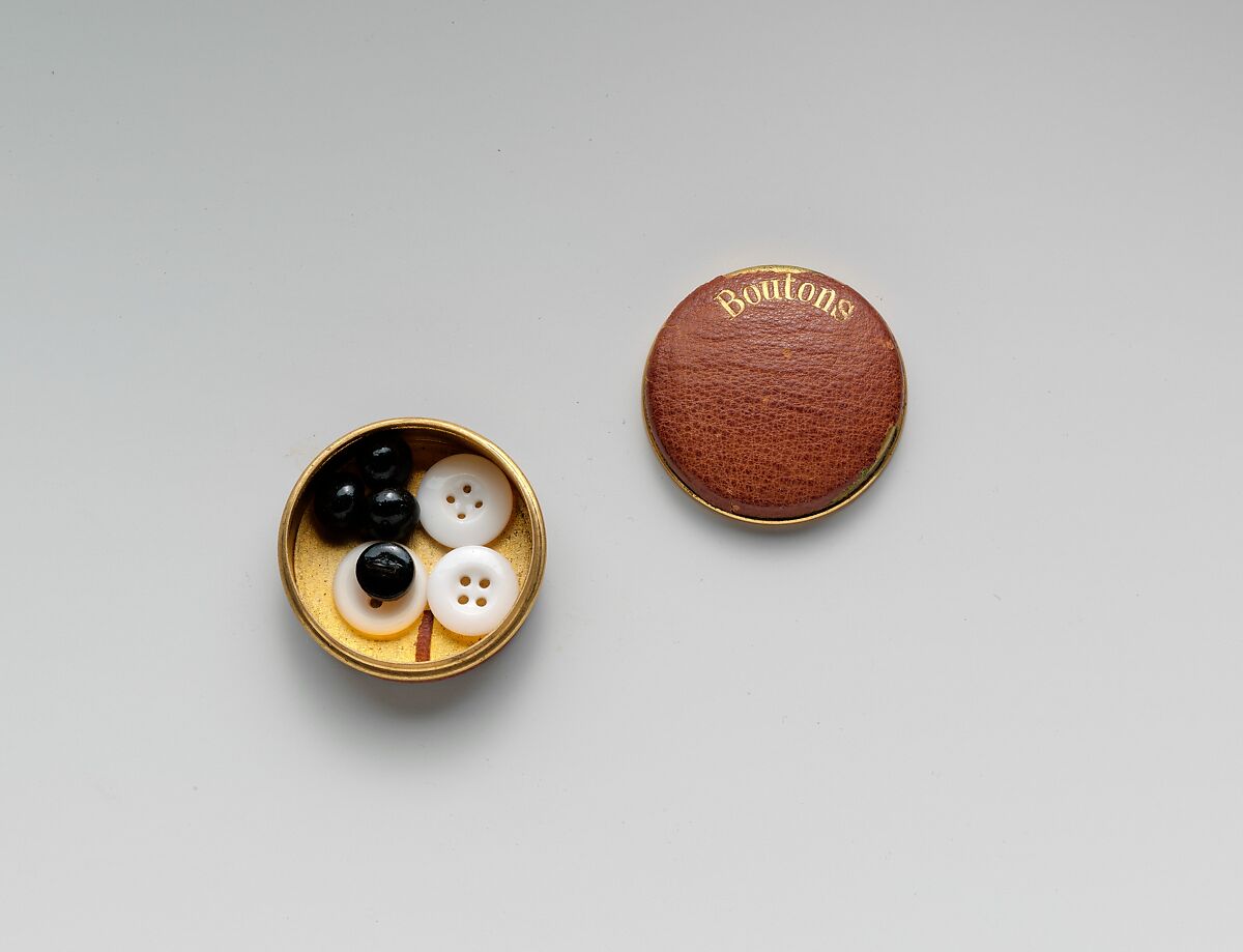 Sewing Kit, Leather, velvet, other fabrics,glass, paper, wood, brass, ivory, steel, silk, American