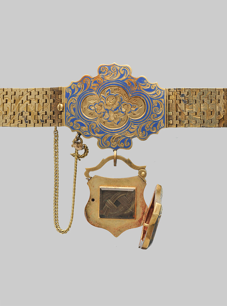 Bracelet, Gold, enamel, hair, glass, American