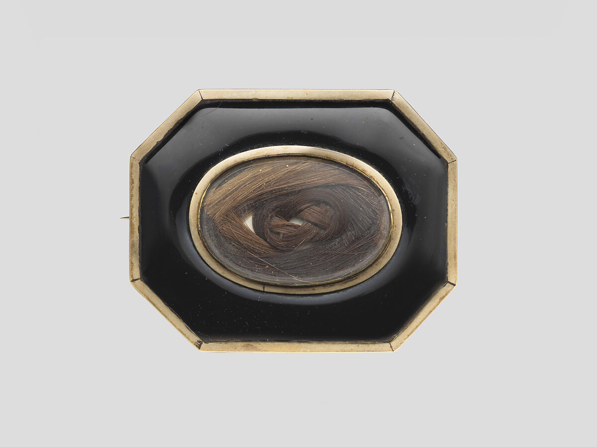 Brooch, Gold, enamel, hair, glass, American 